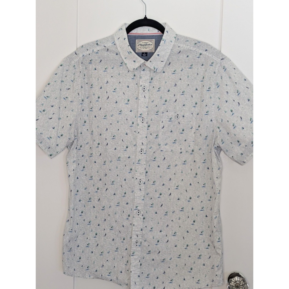 Flag & Anthem Men's Button Front Shirt Large White Blue Palm Tree Sailboat Print